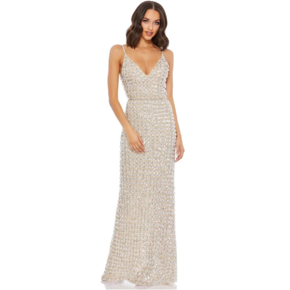 Mac Duggal 2 nude silver Geometric Embellished Crystal Drop V-neck gown dress